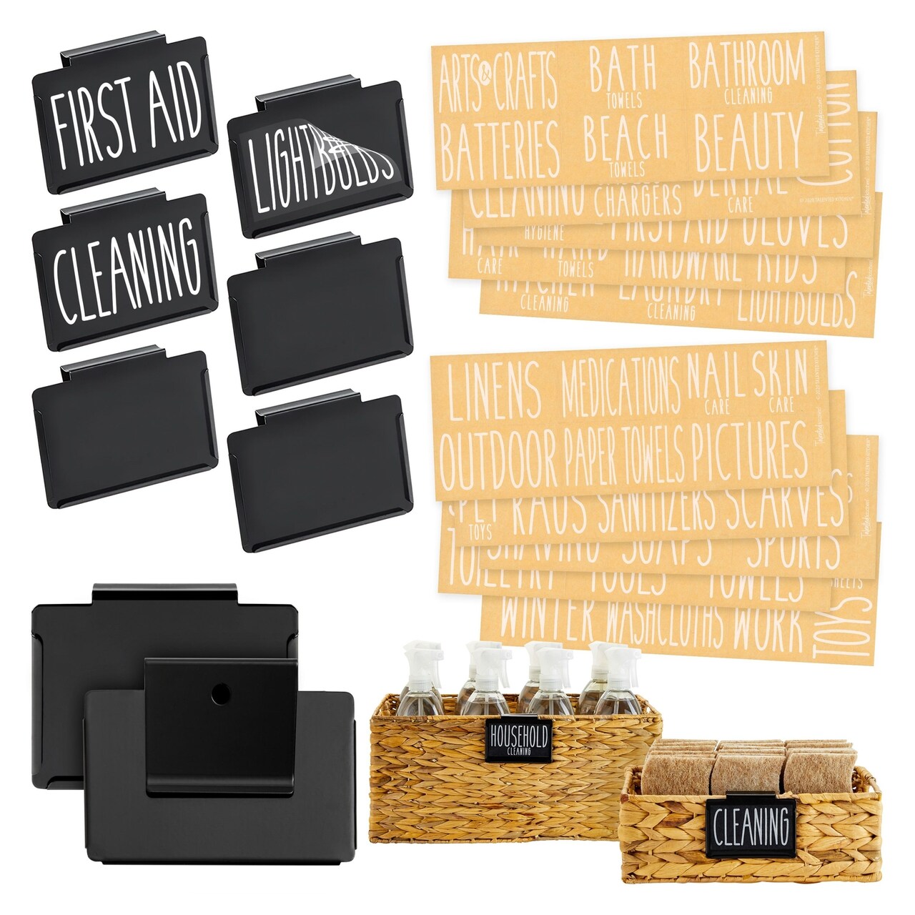 Talented Kitchen 8 Pack Metal Basket Labels Clip On Holders with 70 Household Labels for Storage Bins, Bin Clips Label Tags for Organizing Home, Bathroom, Linen Closet (Black)